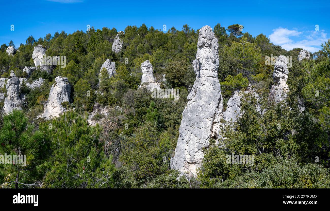 Panoramic view of striking dolomitic rock formations in Loube Mountain, La Roquebrussanne, Var, South of France Stock Photo