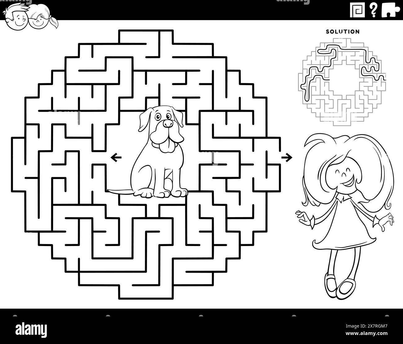 Cartoon illustration of educational maze puzzle game for children with little girl and her puppy coloring page Stock Vector