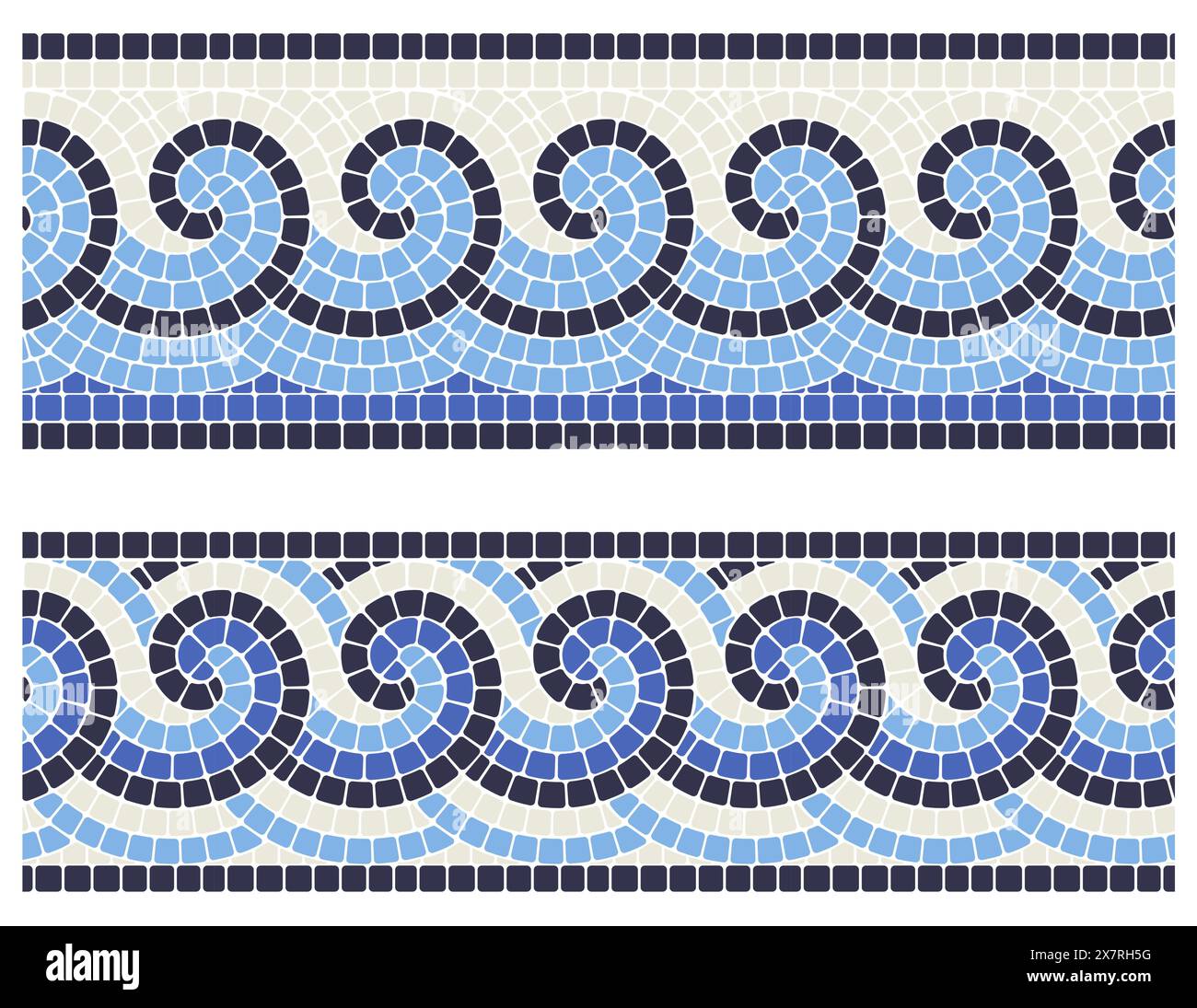 Seamless mosaic border with sea waves in portuguese style, decorative tiling with curly greek ornament, vector Stock Vector