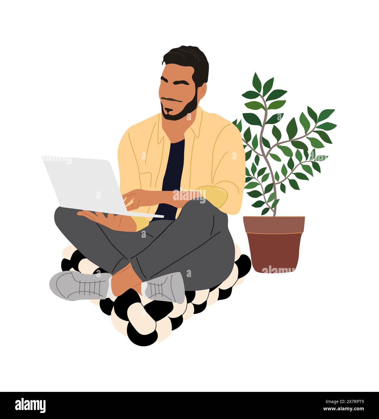 Business man sitting on floor pillow, working on laptop. Guy wearing casual clothes, yellow shirt and black pants. Concept of remote work, freelance, Stock Vector