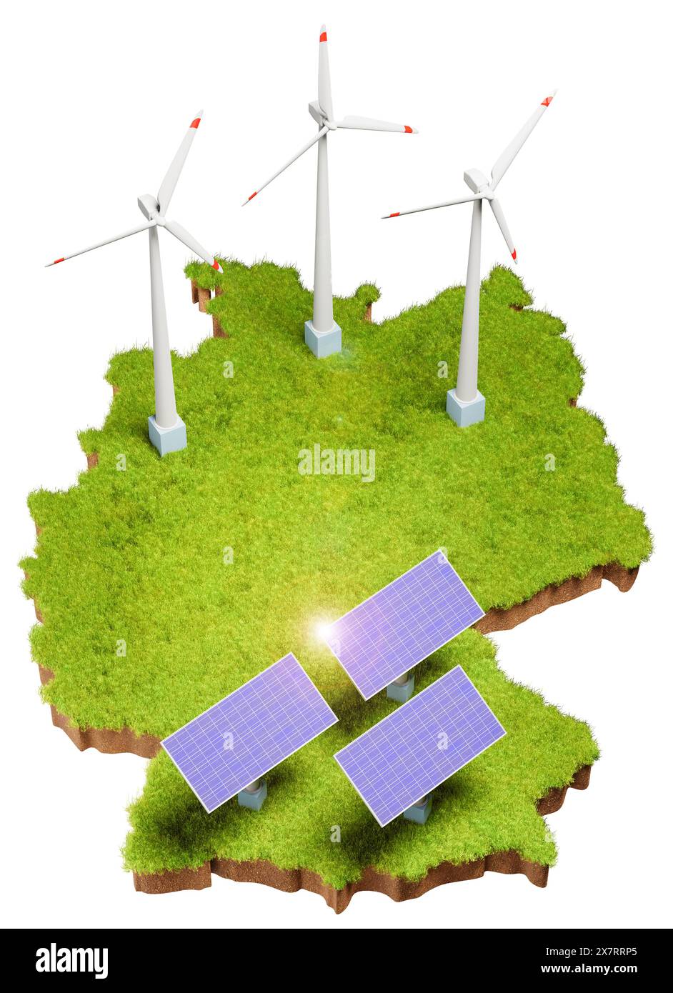 Renewable Energy with solar panels and wind turbines in Germany concept. Grass area with soil below in the form of Germany with added solar panels and Stock Photo