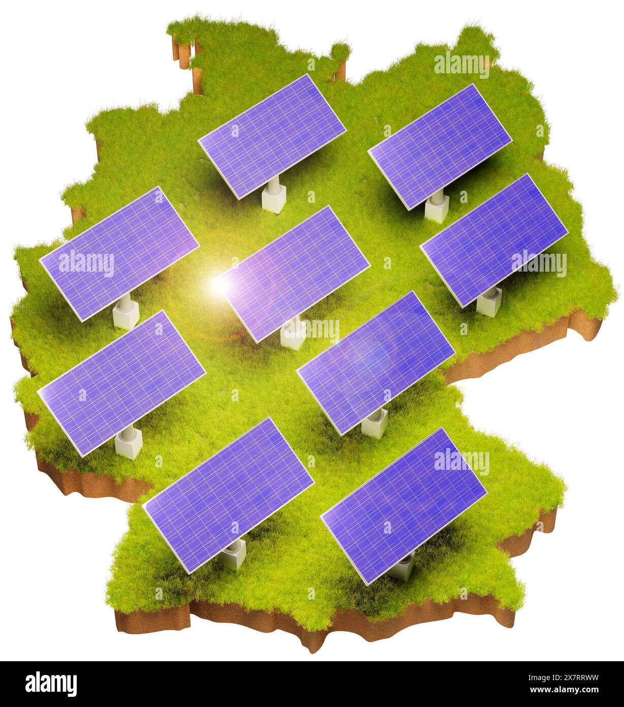 Renewable Energy with solar panels in Germany concept. Grass area with soil below in the form of Germany with added solar panels. Lens flare. White ba Stock Photo