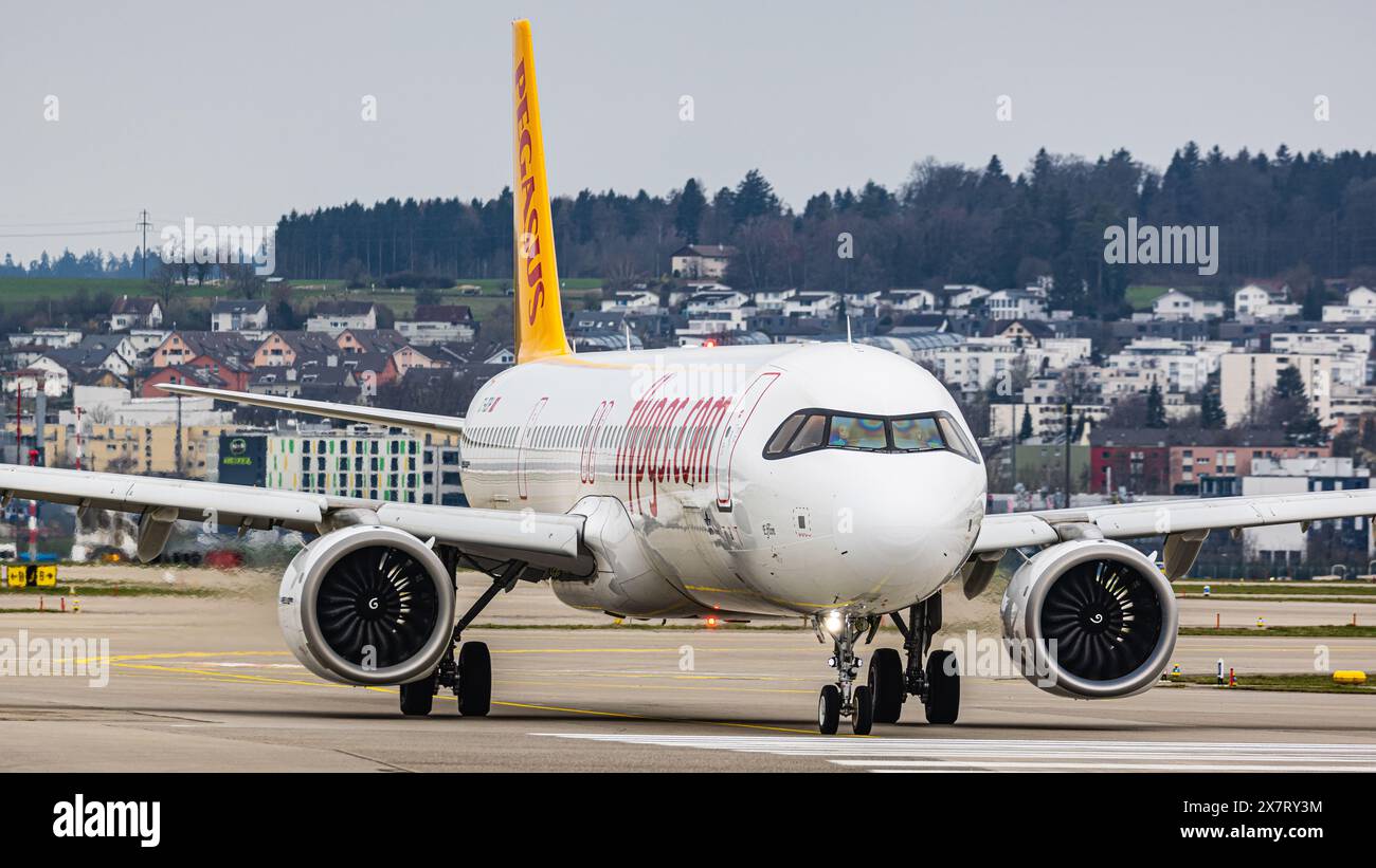 A Pegasus Airlines Airbus A321-251NX taxis to the runway at Zurich Airport. Registration TC-RDH. (Zurich, Switzerland, 11.03.2024) Stock Photo