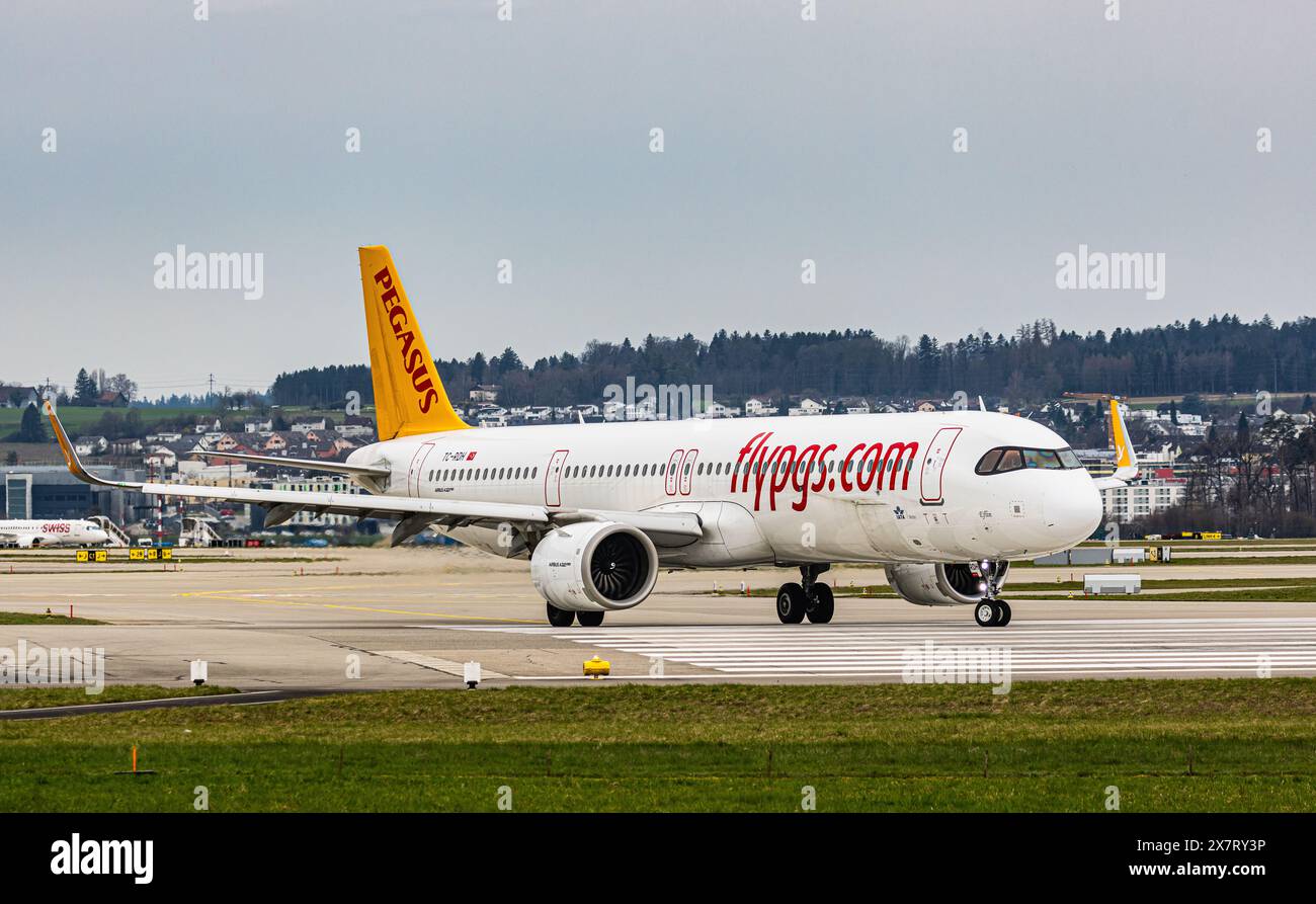 A Pegasus Airlines Airbus A321-251NX taxis to the runway at Zurich Airport. Registration TC-RDH. (Zurich, Switzerland, 11.03.2024) Stock Photo