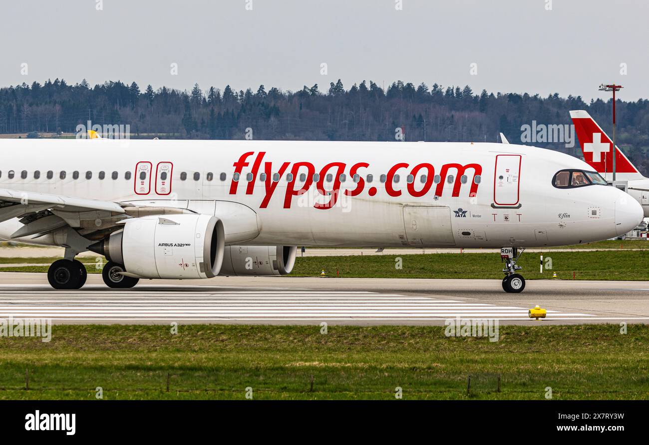 A Pegasus Airlines Airbus A321-251NX taxis to the runway at Zurich Airport. Registration TC-RDH. (Zurich, Switzerland, 11.03.2024) Stock Photo