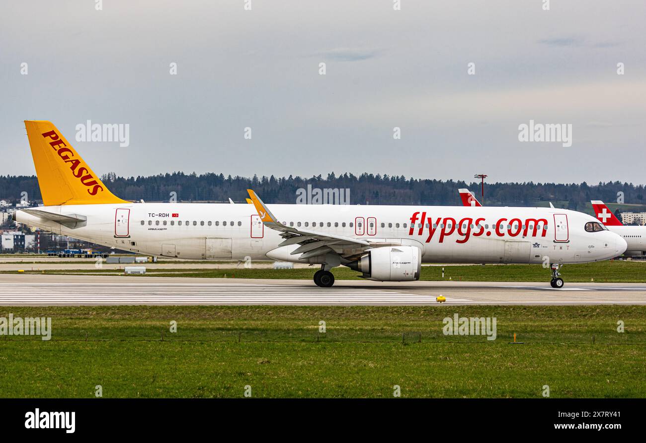 A Pegasus Airlines Airbus A321-251NX taxis to the runway at Zurich Airport. Registration TC-RDH. (Zurich, Switzerland, 11.03.2024) Stock Photo