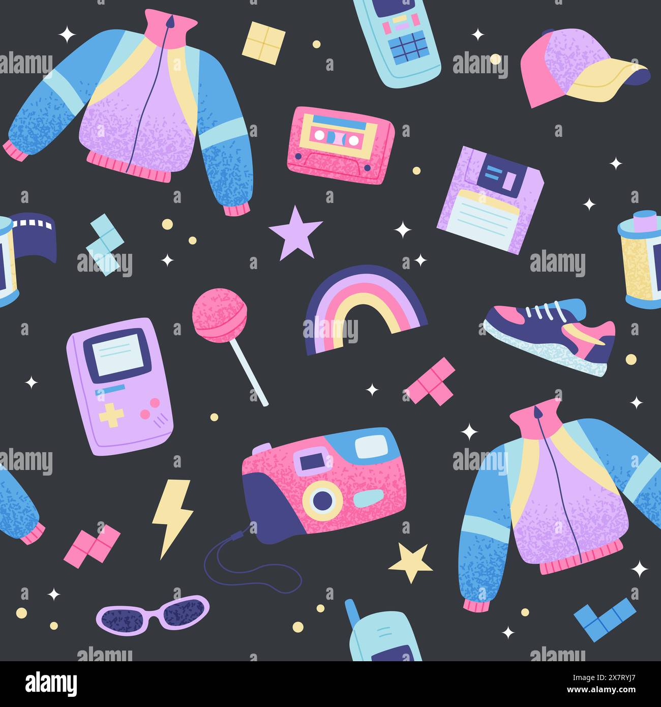 90s retro seamless pattern. Cute bright multicolor elements on dark background. Vector illustration in trendy flat style Stock Vector