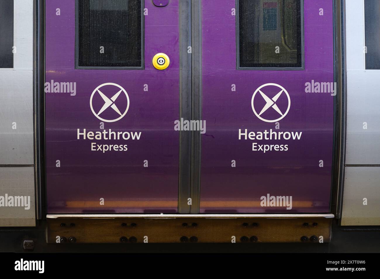 London, UK - March 23, 2024; Name and logo on Heathrow Express carriage ...