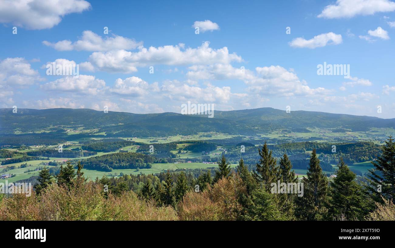 landscape with panoramic view over the Bavarian Forest mountains near Waldkirchen, with Dreisessel mountain and Great  in Background, Bavaria, Germany Stock Photo