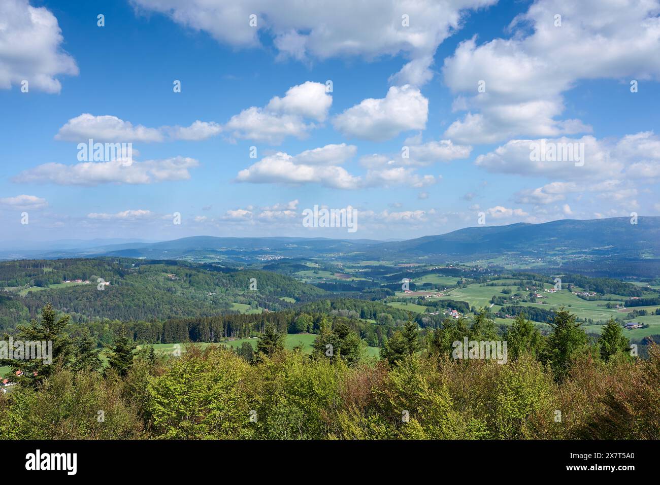 landscape with panoramic view over the Bavarian Forest mountains near Waldkirchen, with Dreisessel mountain and Great  in Background, Bavaria, Germany Stock Photo