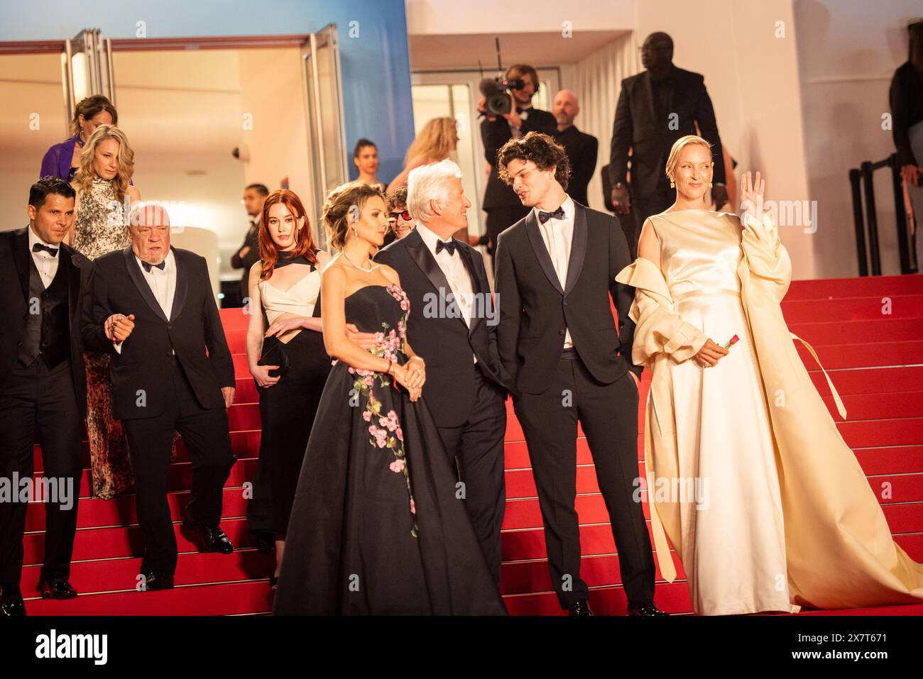 Cannes, France. 17th May, 2024. (L-R) Scott Lastaiti, Luisa Law, Tiffany Boyle, Andrew Wonder, Taylor Jeanne, Paul Schrader, Penelope Mitchell, Alejandra Silva, Richard Gere, Homer James Jigme Gere, Uma Thurman attend the 'Oh, Canada' Red Carpet at the 77th annual Cannes Film Festival at Palais des Festivals. (Photo by Loredana Sangiuliano/SOPA Images/Sipa USA) Credit: Sipa USA/Alamy Live News Stock Photo