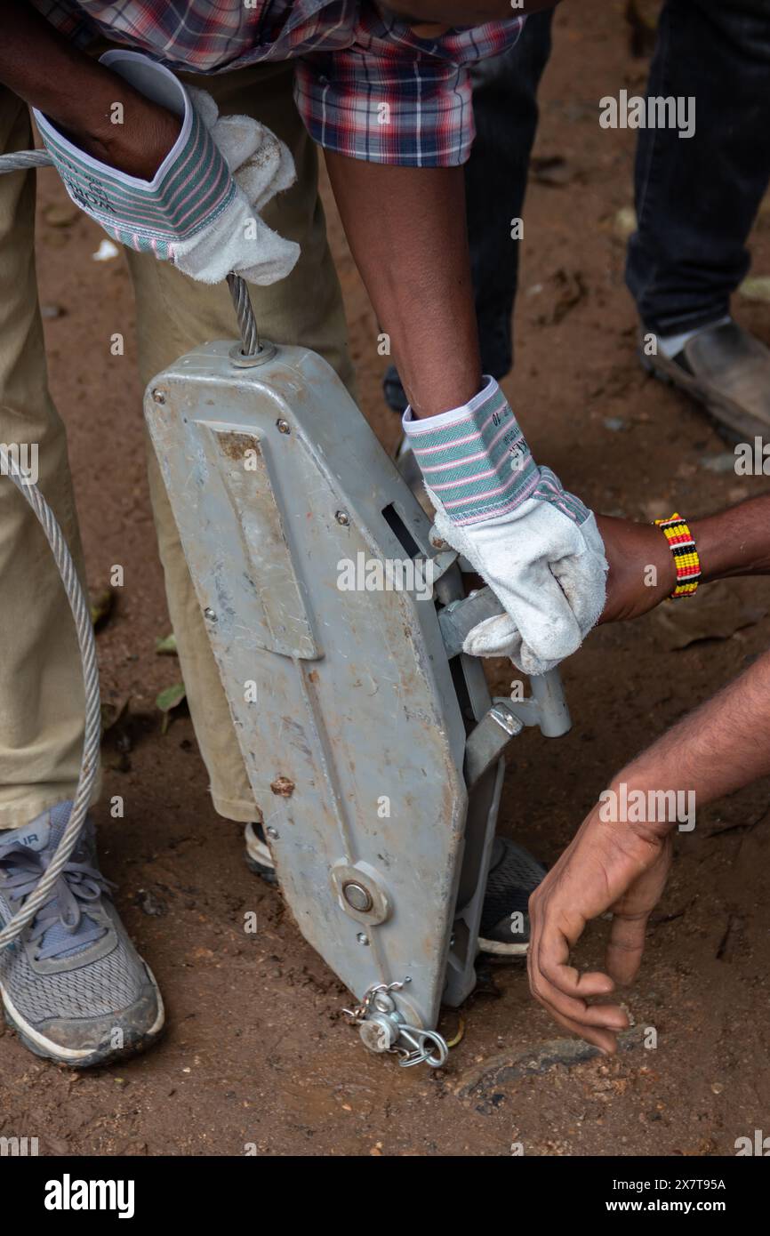 Recovery equipment for unstacking 4x4 vehicle out of muddy road, sand plates, mechanical winch, pooling ropes, high lift jack, shovel Stock Photo