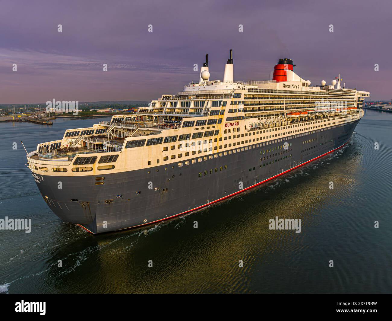 Southampton, UK 12 May 2024 Cunard cruise ship Queen Mary 2 arrives