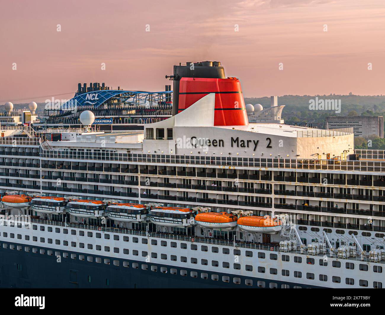 Southampton, UK 12 May 2024 Cunard cruise ship Queen Mary 2 arrives