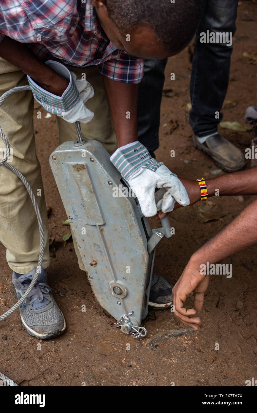 Recovery equipment for unstacking 4x4 vehicle out of muddy road, sand plates, mechanical winch, ropes, high lift jack, shovel, safety equiopment Stock Photo