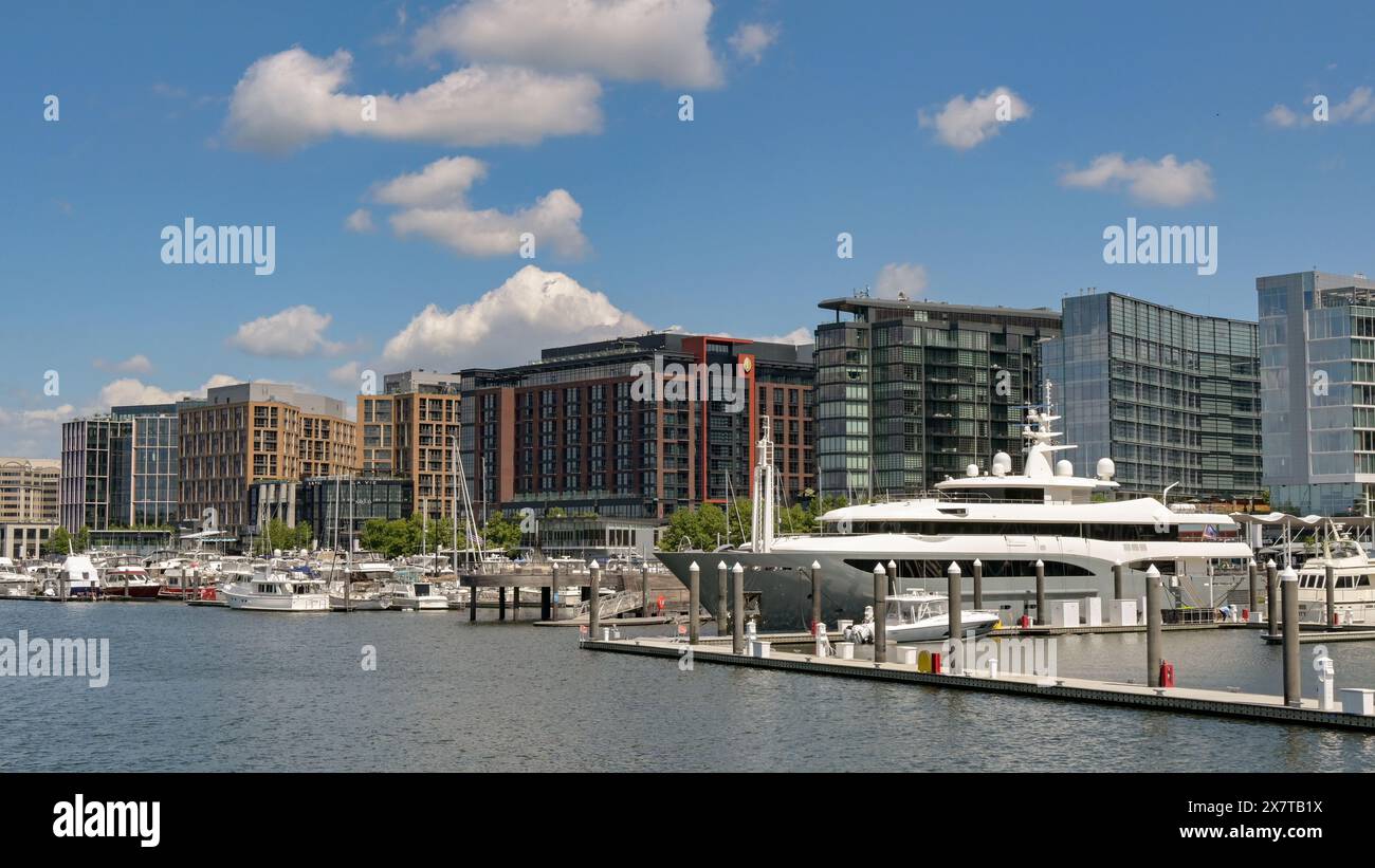 Washington DC, USA 1 May 2024 Harbour scene with the luxury yacht