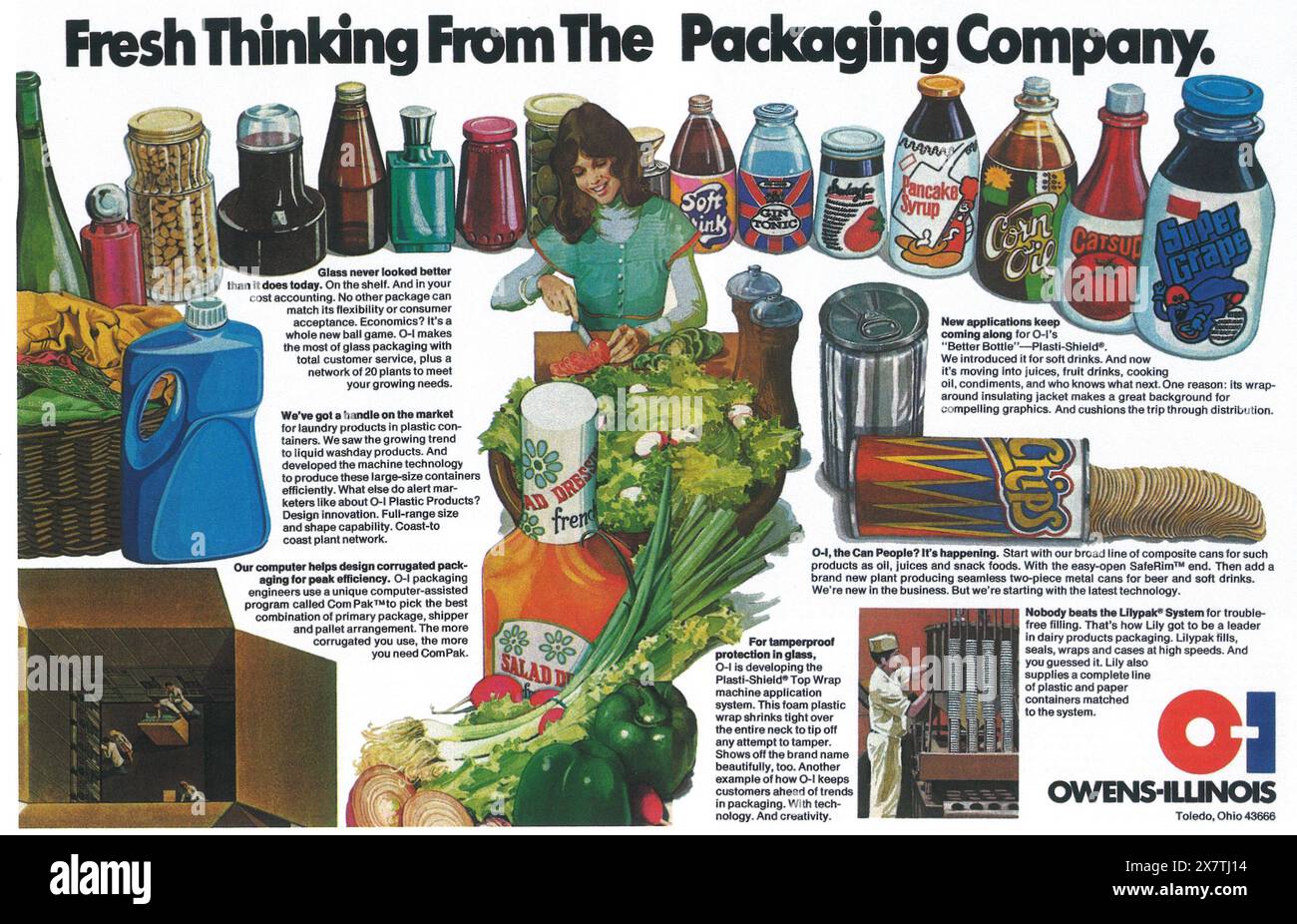 1974 O-I Glass, Owens-Illinois glass plastic products ad - 'Fresh thinking from the packaging company' Stock Photo