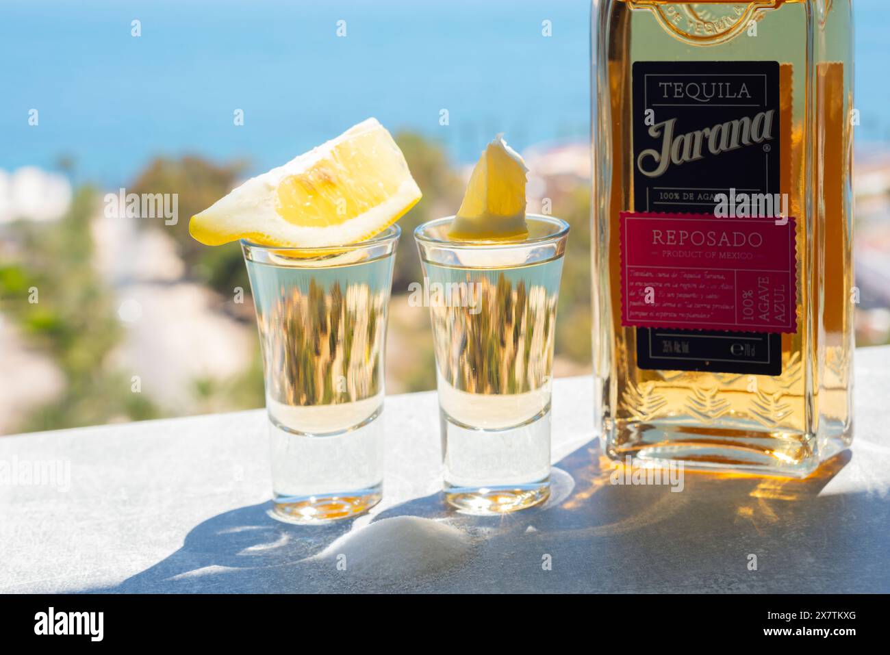 ALMERIA, SPAIN 16 MAY 2024 A bottle of Tequila Jarana Reposado Agave