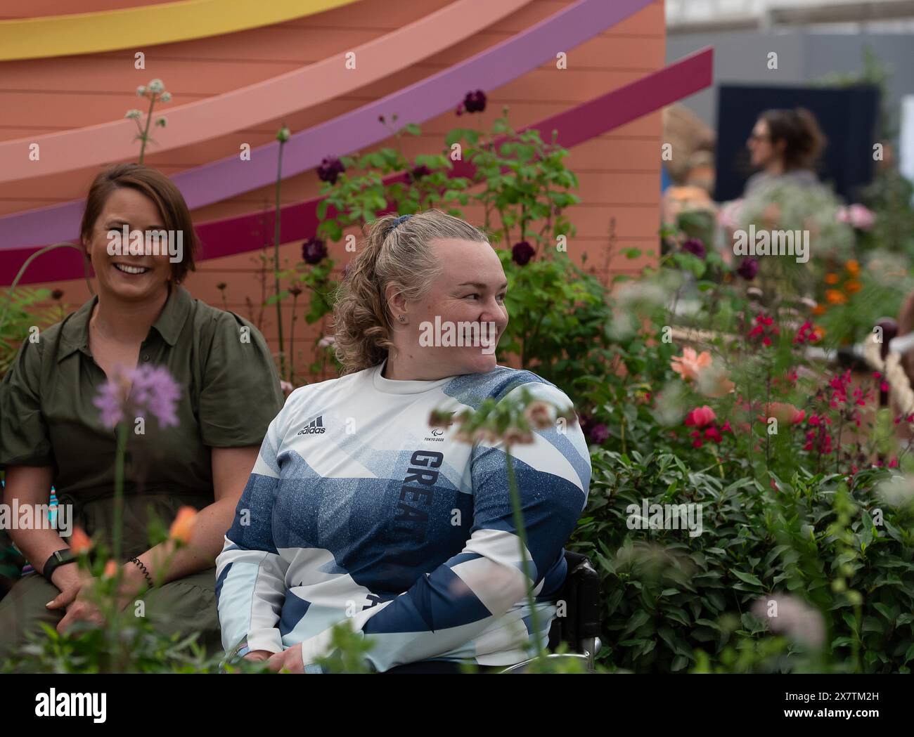 London, UK. 20th May, 2024. Former Paralympian sporting legends Liz Johnson and Steve Brown were joined by comedian Alex Brooker and pupils from Marjorie McClure School at The Panathlon Joy Garden at the RHS Chelsea Flower Show in London. Credit: Maureen McLean/Alamy Live News Stock Photo