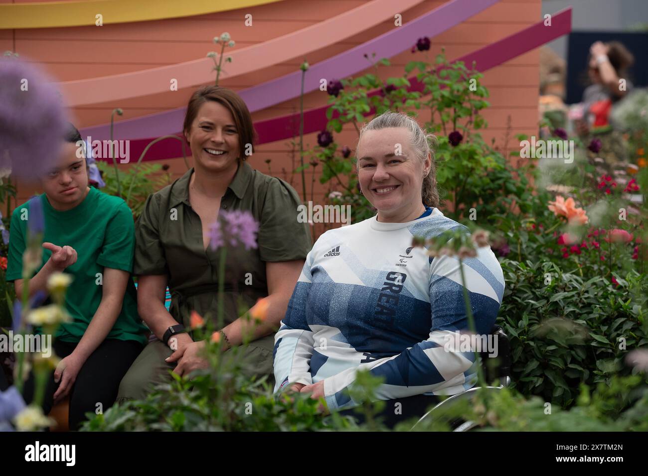 London, UK. 20th May, 2024. Former Paralympian sporting legends Liz Johnson and Steve Brown were joined by comedian Alex Brooker and pupils from Marjorie McClure School at The Panathlon Joy Garden at the RHS Chelsea Flower Show in London. Credit: Maureen McLean/Alamy Live News Stock Photo