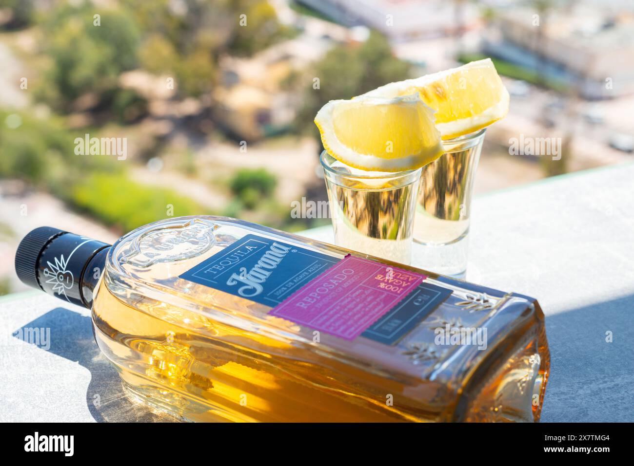 ALMERIA, SPAIN 16 MAY 2024 A bottle of Tequila Jarana Reposado Agave