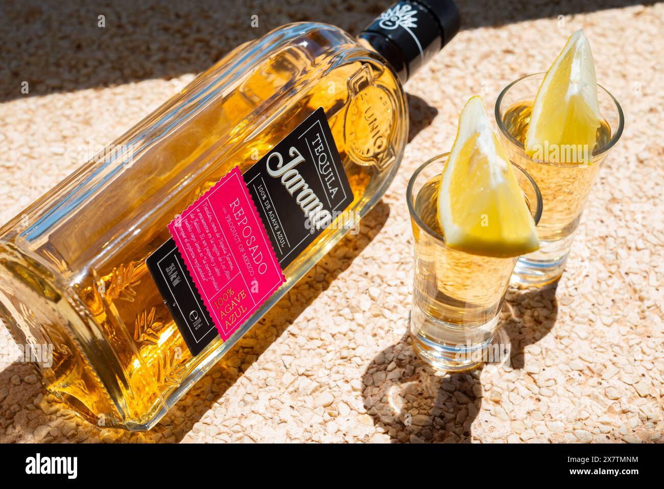 ALMERIA, SPAIN 16 MAY 2024 A bottle of Tequila Jarana Reposado Agave