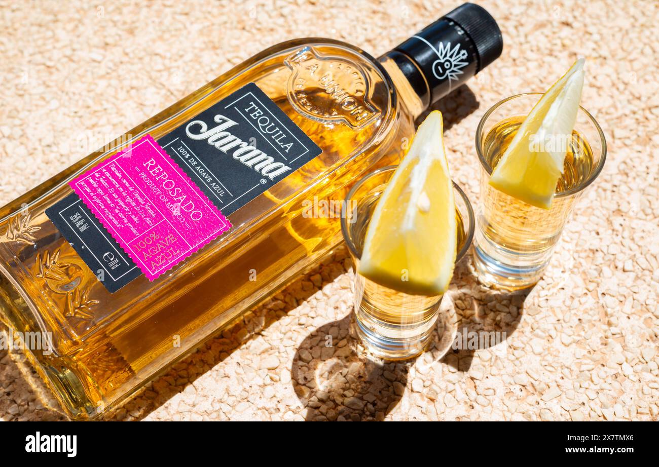 ALMERIA, SPAIN 16 MAY 2024 A bottle of Tequila Jarana Reposado Agave