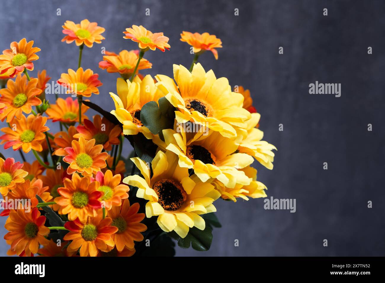 Bouquet yellow, orange flowers against dark concrete wall Stock Photo