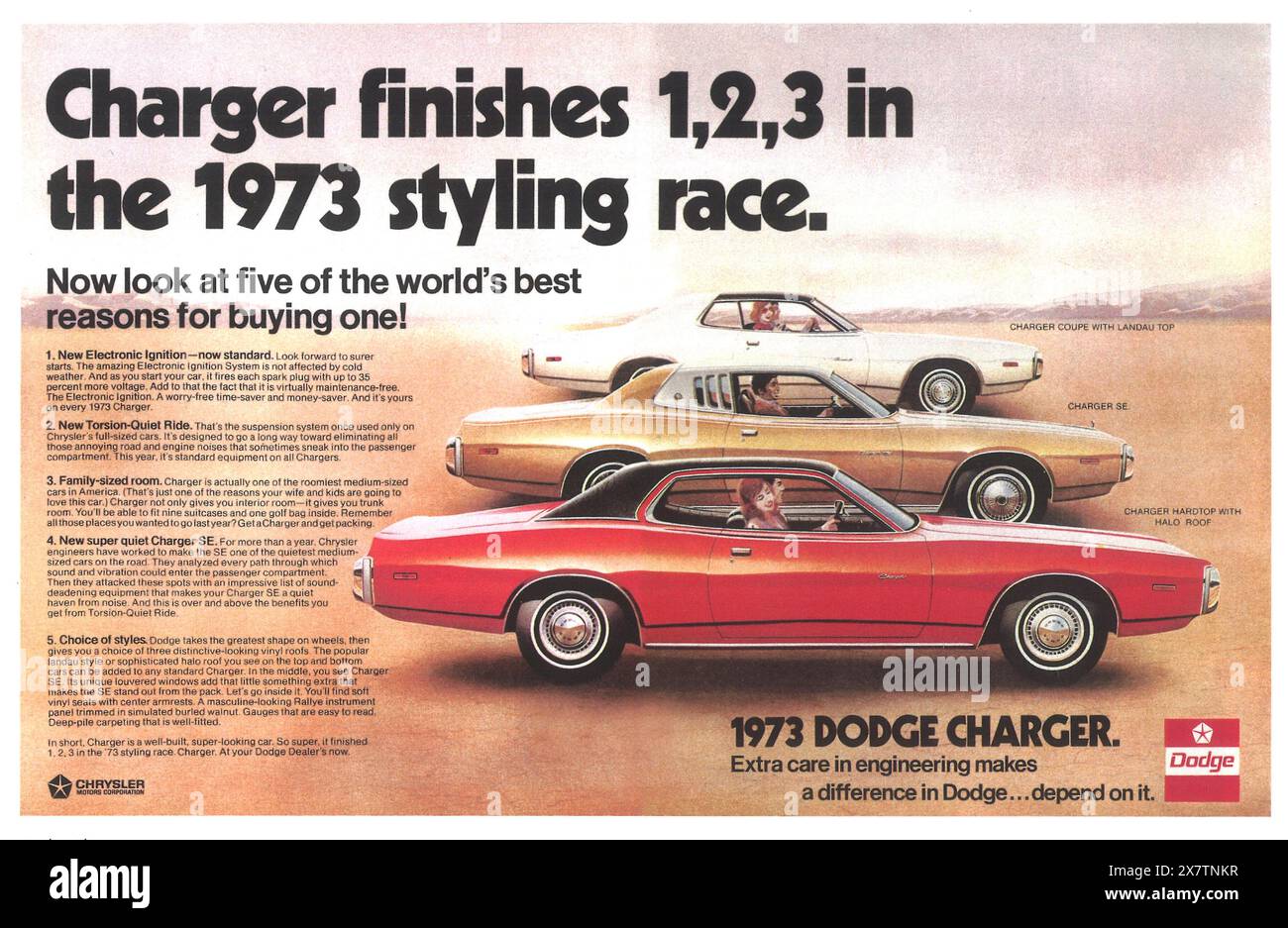1973 Dodge Charger 3 Models-SE Coupe Hardtop ad Stock Photo