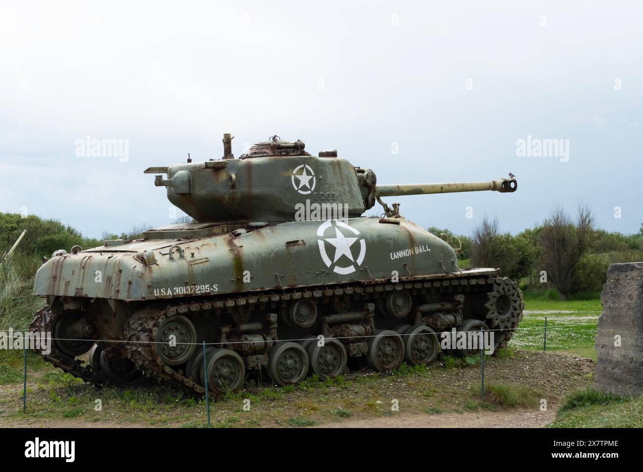 Normandy Sherman tank France D-Day memorial Utah Beach Stock Photo