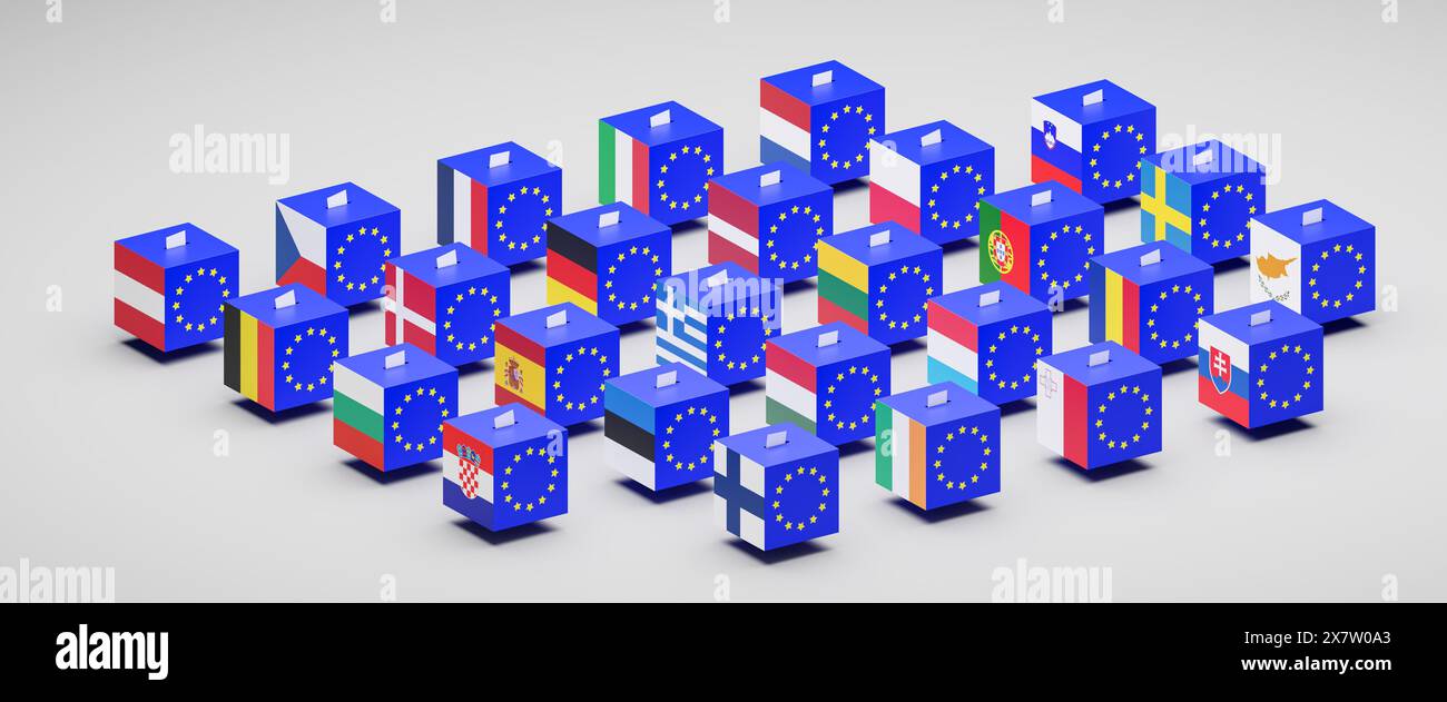 Elections in Europe concept. 27 ballot boxes with the European Union flag  and the flags of the 27 member countries a ballot in each slot. Expandable Stock Photo