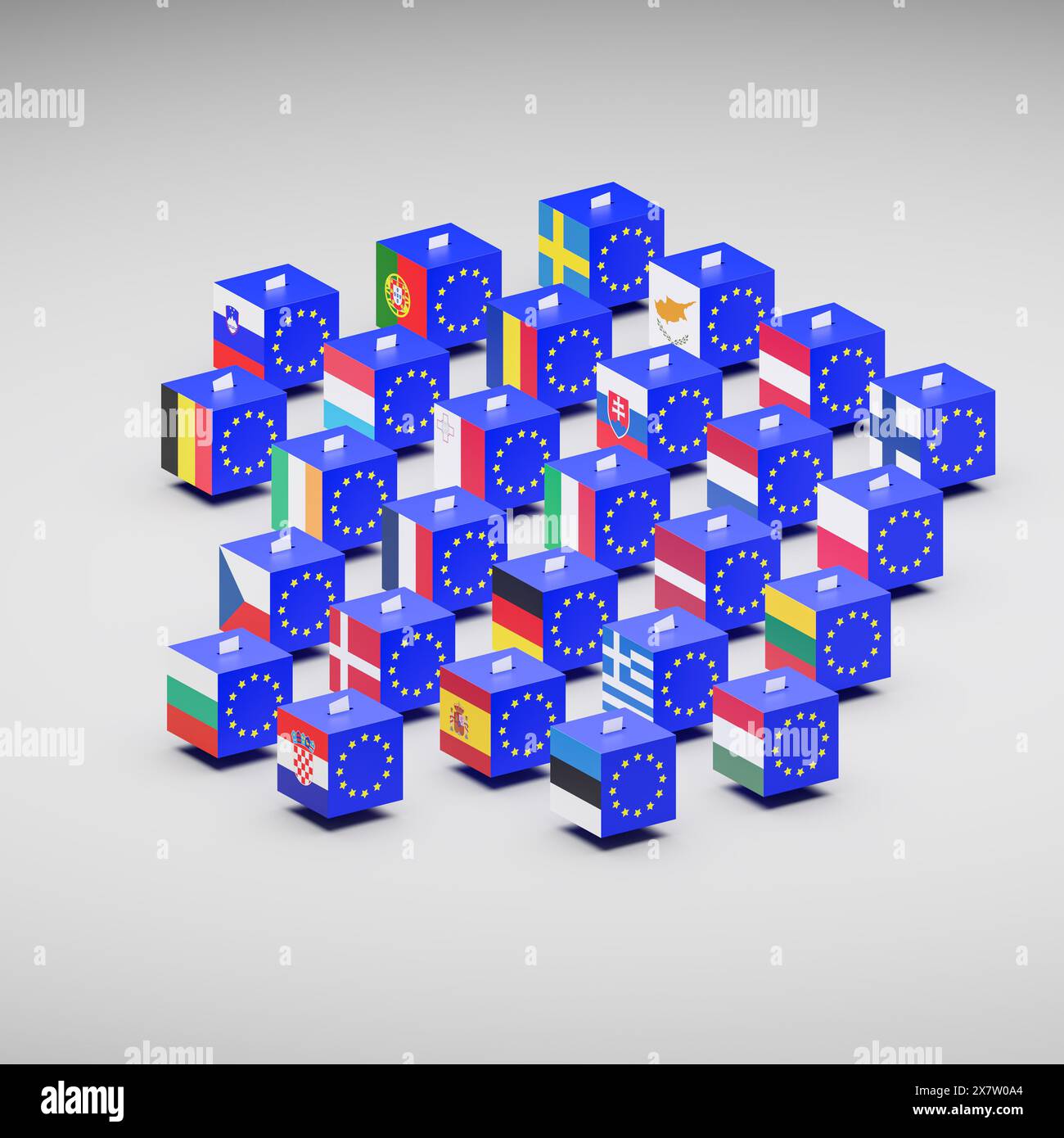 Elections in Europe concept. 27 ballot boxes with the European Union flag  and the flags of the 27 member countries a ballot in each slot. Expandable Stock Photo