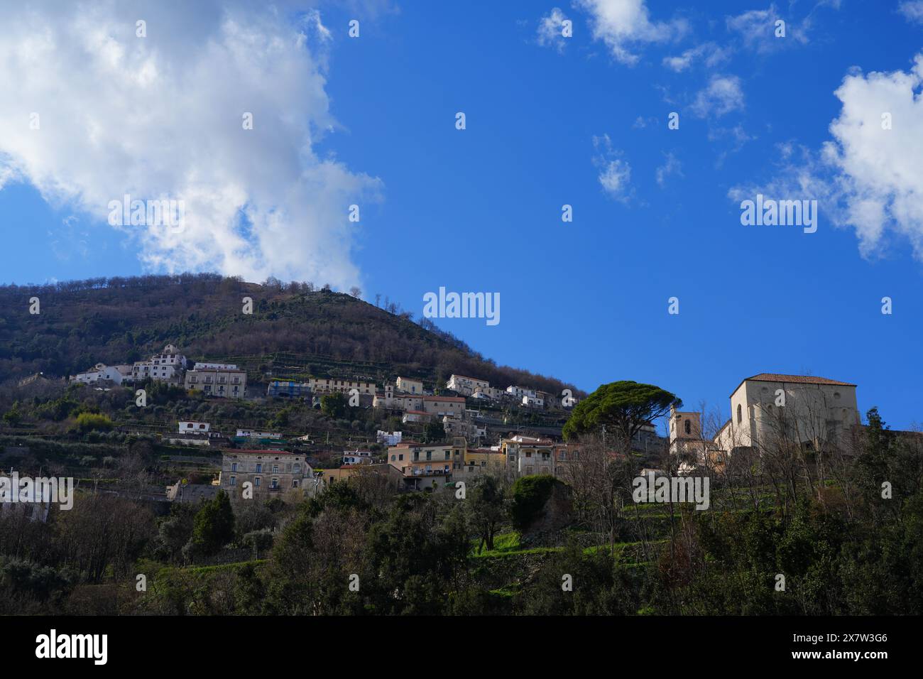 RAVELLO, ITALY - 23 MAR 2024 – Day view of Ravello, a medieval perched ...