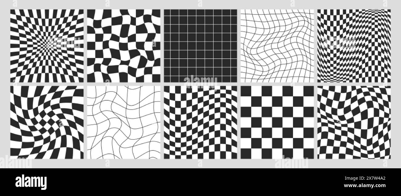 Square psychedelic checkerboard with warped black and white grid tile ...