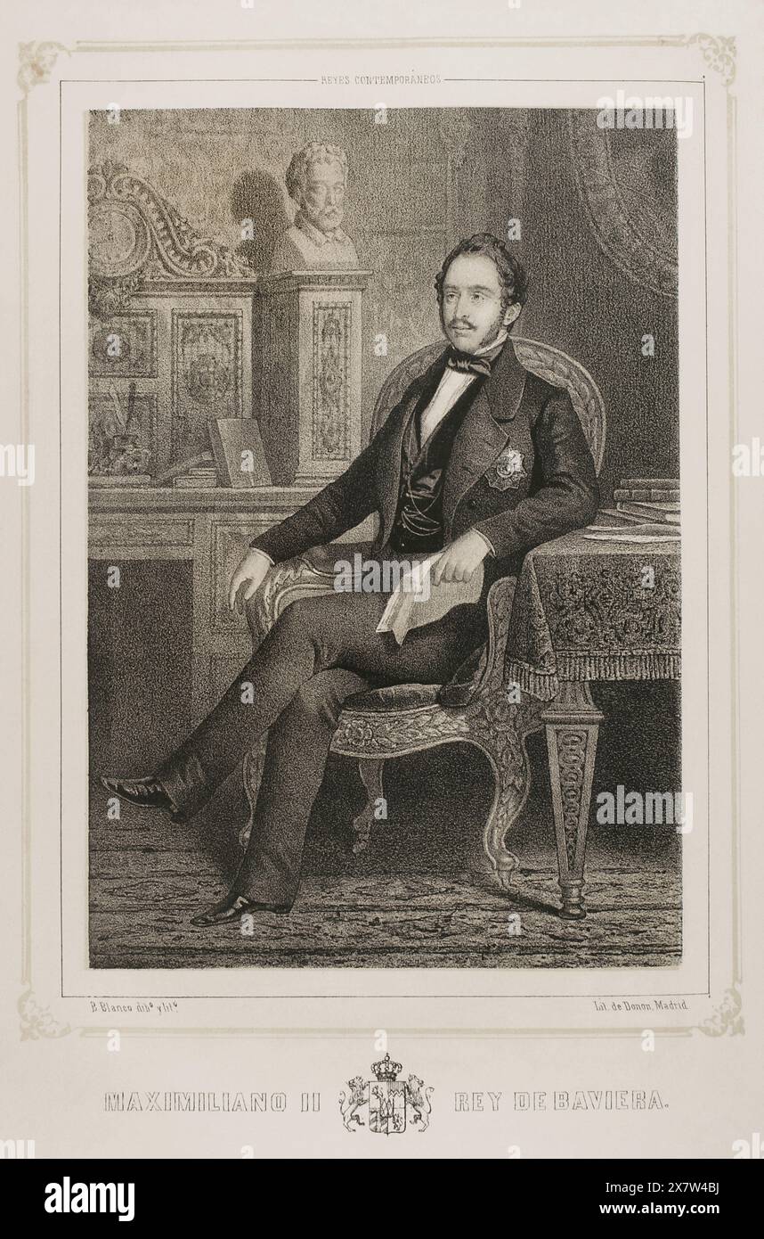 Maximilian II of Bavaria (1811-1864). King of Bavaria (1848-1864). Portrait. Drawing by B. Blanco. Lithography by J. Donón. 'Reyes Contemporáneos' (Contemporary Kings). Volume III. Published in Madrid, 1854. Stock Photo