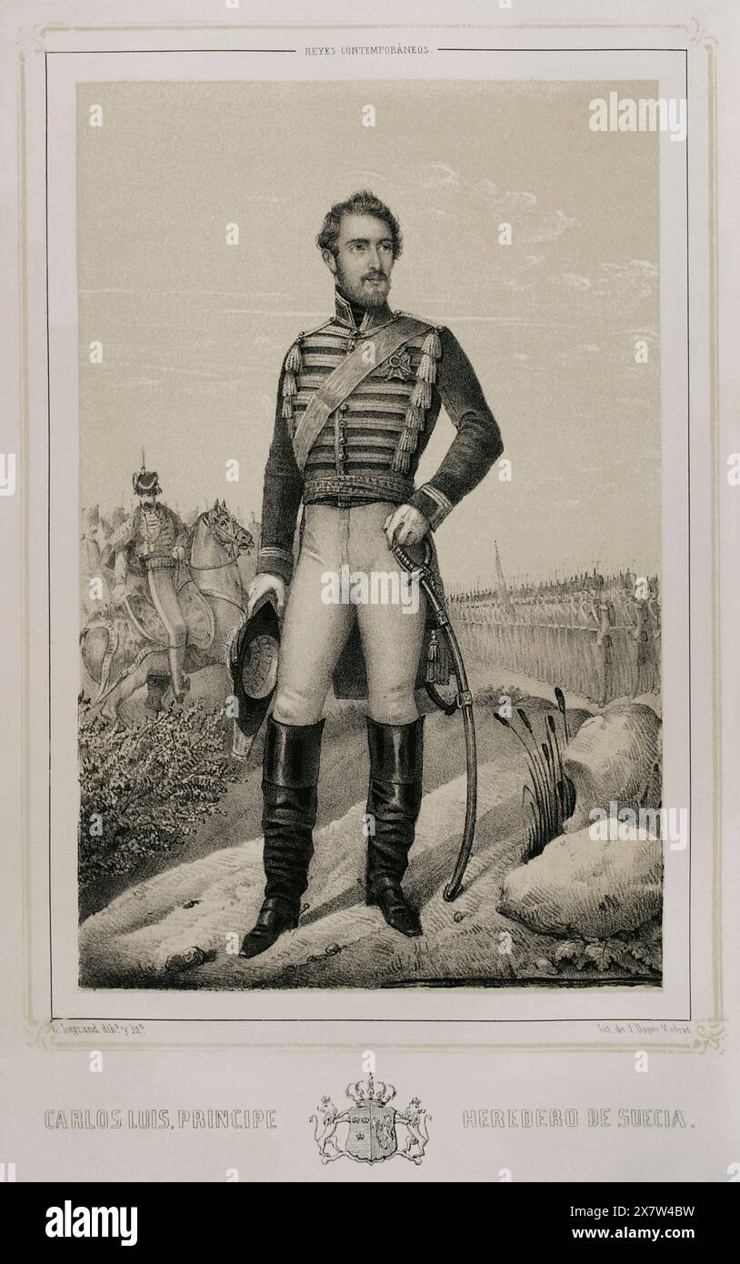 Charles XV of Sweden (1826-1872). Born Carl Ludvig Eugen. King of Sweden and Norway (as Charles IV) between 1859 and 1872. Portrait of Karl Ludvig as Heir Prince of Sweden. Drawing by C. Legrand. Lithography by J. Donón. 'Reyes Contemporáneos' (Contemporary Kings). Volume III. Published in Madrid, 1854. Stock Photo