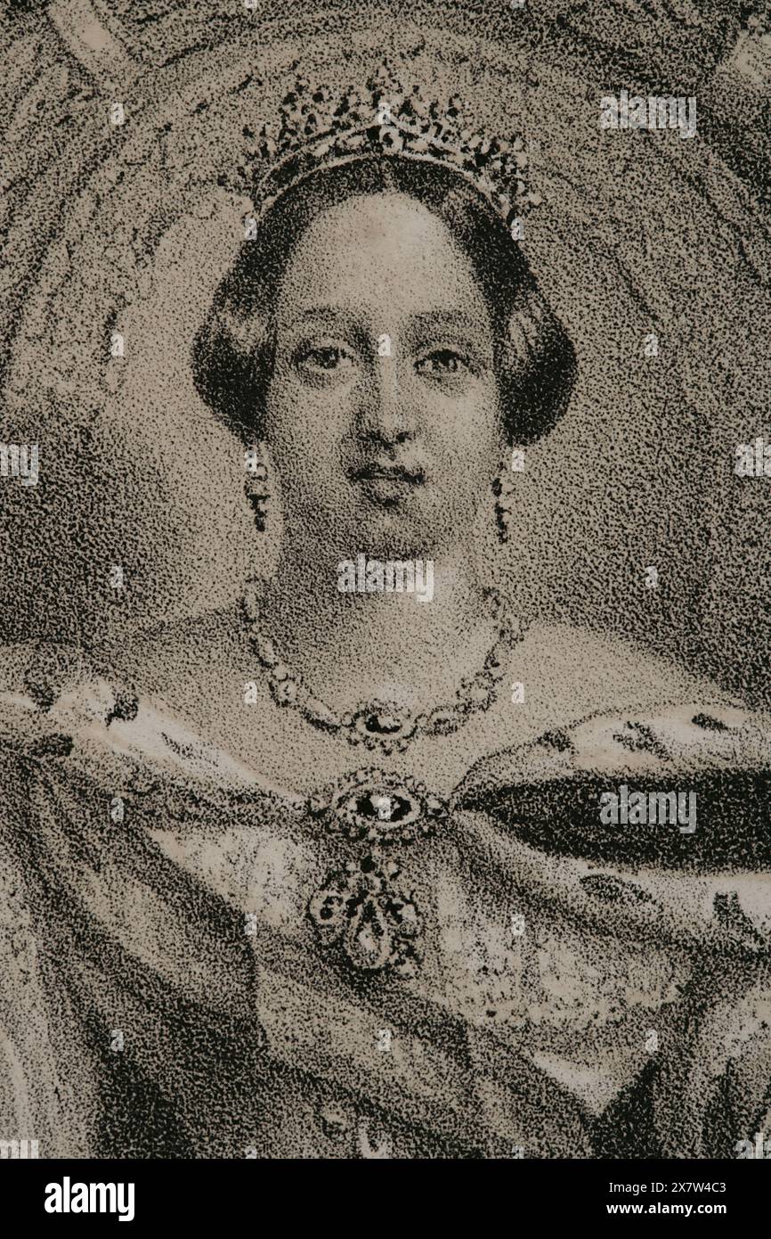 Maria II of Portugal (1819-1853). Queen of Portugal born in Rio de Janeiro (Brazil), called 'the Good Mother' and 'the Educator'. She reigned for two periods: 1826-1828 and 1834-1853. Portrait. Drawing by C. Legrand. Lithography by J. Donón. Detail. 'Reyes Contemporáneos' (Contemporary Kings). Volume III. Published in Madrid, 1854. Stock Photo