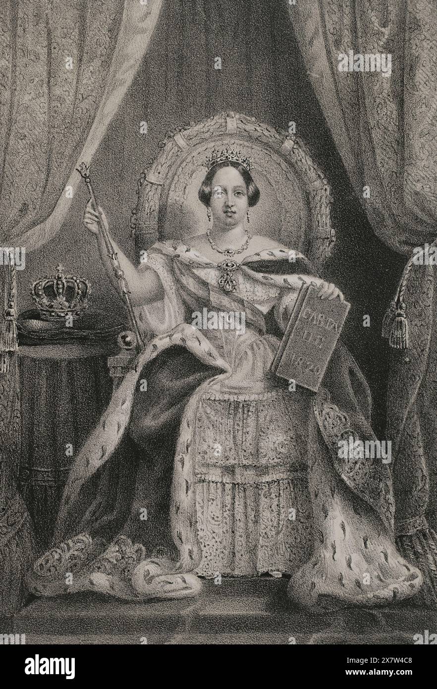 Maria II of Portugal (1819-1853). Queen of Portugal born in Rio de Janeiro (Brazil), called 'the Good Mother' and 'the Educator'. She reigned for two periods: 1826-1828 and 1834-1853. Portrait. Drawing by C. Legrand. Lithography by J. Donón. 'Reyes Contemporáneos' (Contemporary Kings). Volume III. Published in Madrid, 1854. Stock Photo