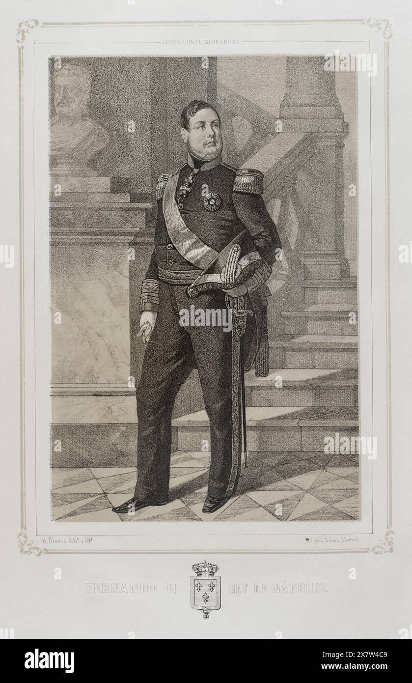 Ferdinand II of the Two Sicilies (1810-1859). King of the Two Sicilies (1830-1859). Portrait. Drawing by B. Blanco. Lithography by J. Donón. 'Reyes Contemporáneos' (Contemporary Kings). Volume III. Published in Madrid, 1854. Stock Photo