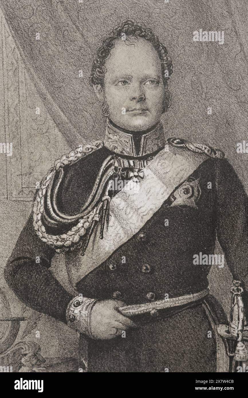 Frederick William IV of Prussia (1795-1861). King of Prussia (1795-1861). Portrait. Drawing by C. Legrand. Lithography by J. Donón. Detail. 'Reyes Contemporáneos' (Contemporary Kings). Volume III. Published in Madrid, 1854. Stock Photo