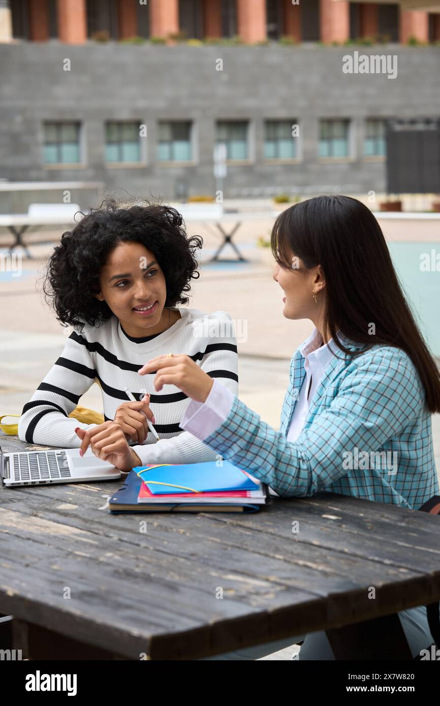 Two multiethnic students studying outside the University Stock Photo