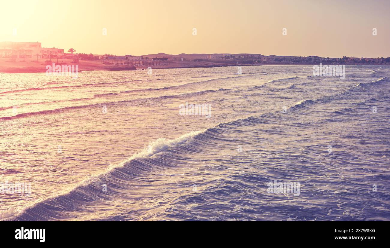 Seascape seen from above the water at sunset, retro color toning applied, Egypt. Stock Photo