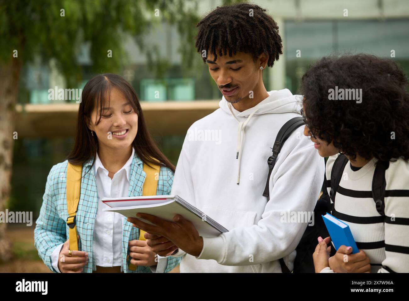 Three young multiethnic students are standing in a park, sharing notes Stock Photo