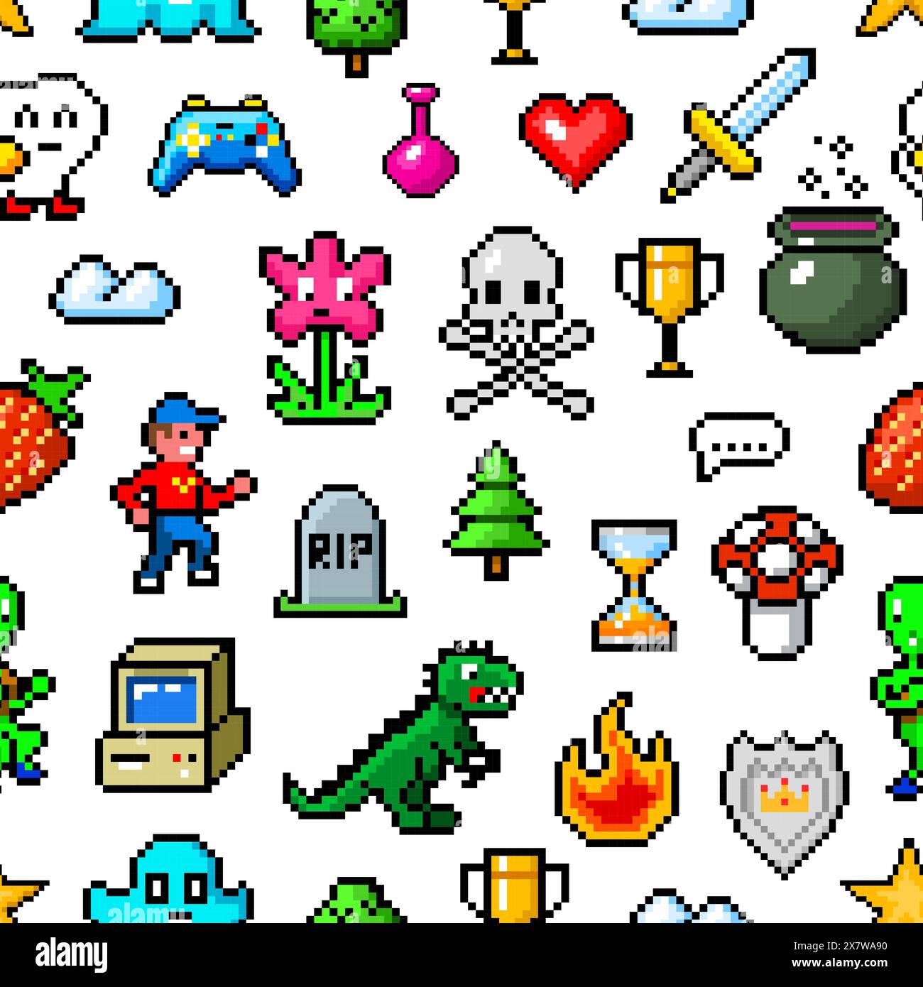 Pixel art 8 bit objects. Seamless pattern. Retro game assets. Set of icons. Vintage computer video arcades. Characters and coins, Winner's trophy Stock Vector