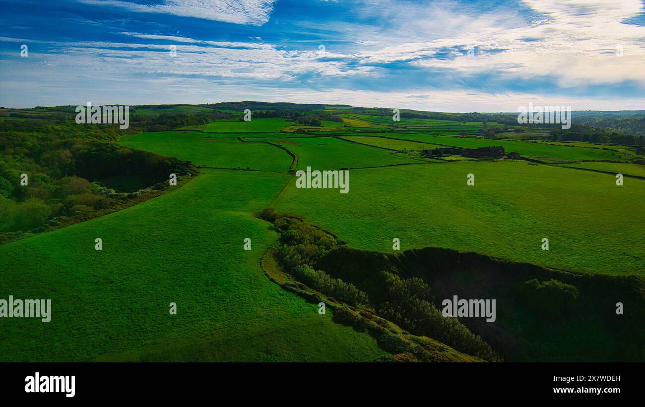 Aerial view of lush green fields and rolling hills under a blue sky ...
