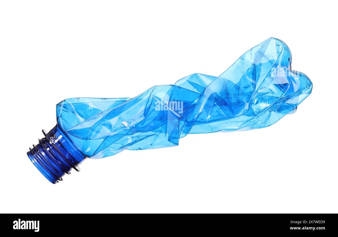 Crumpled disposable plastic bottle isolated on white Stock Photo - Alamy