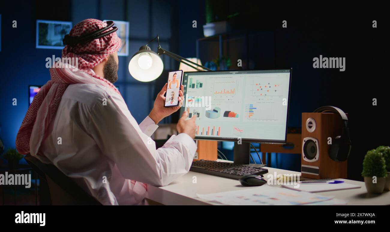 Teleworker Call Working Muslim teleworker and coworkers in internet video call checking ...