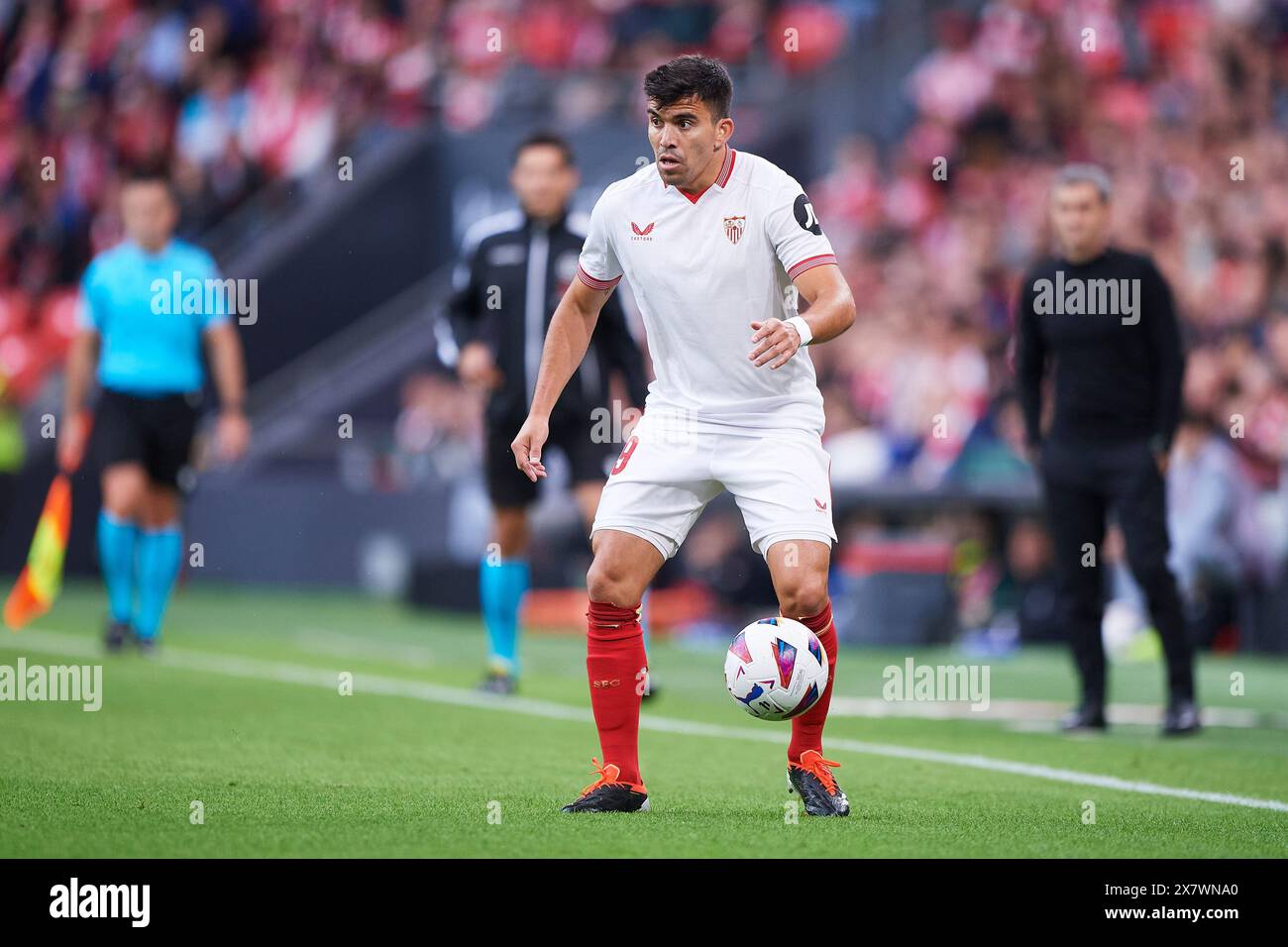 Marcos Javier Acuna of Sevilla FC with the ball during the LaLiga EA Sports match between Athletic Club and Sevilla FC at San Mames Stadium on May 19, Stock Photo