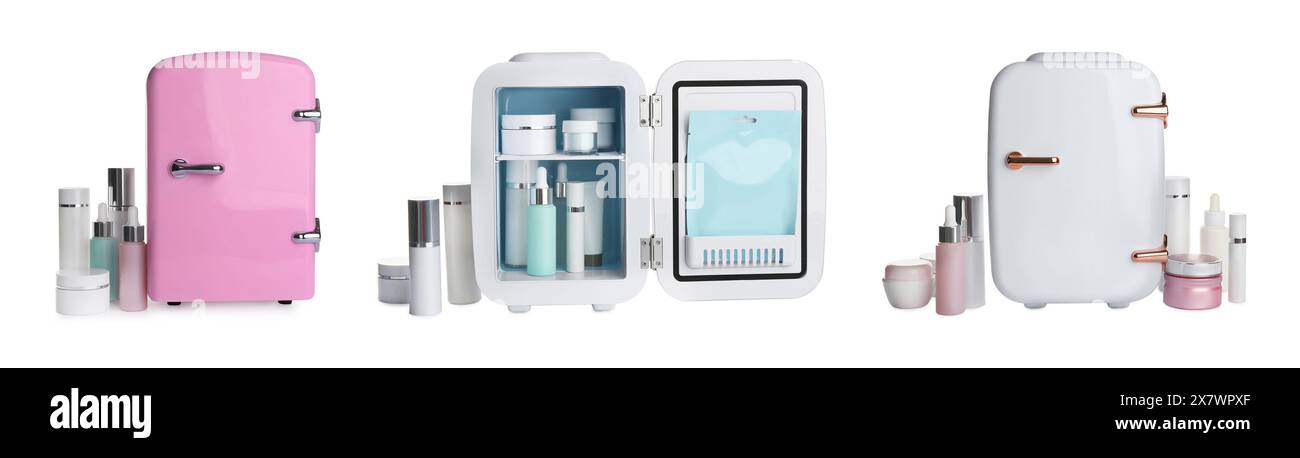 Set of mini refrigerators isolated on white Stock Photo
