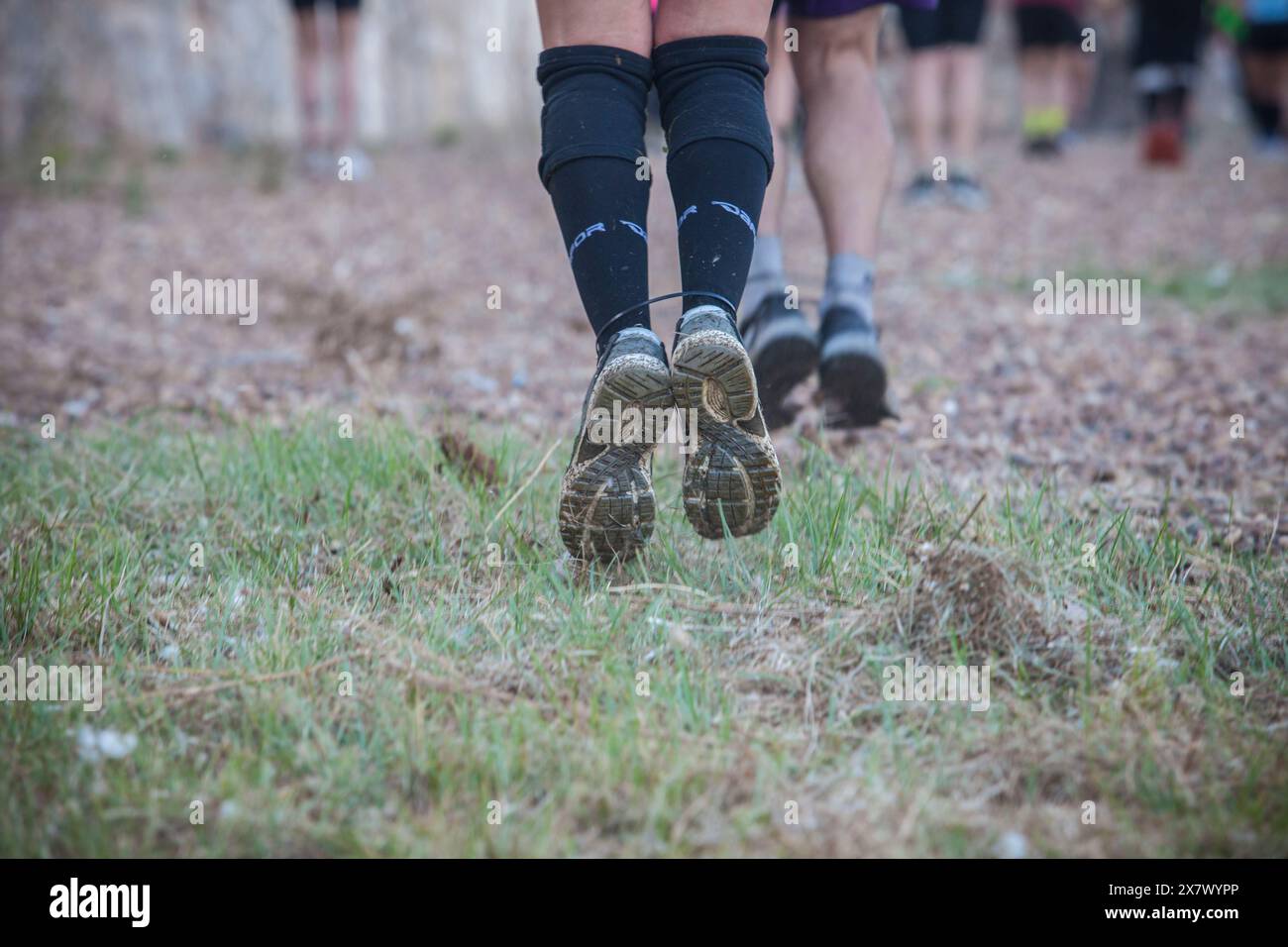 Merida, Spain - May 18th, 2024: FarinatoRace Merida 2024, Participants jumping with their feet tied with bridle Stock Photo